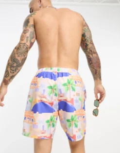 Design Swim Shorts In Mid Length In Scenic Print