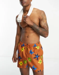 Design Swim Shorts In Short Length In Floral Print In Brown