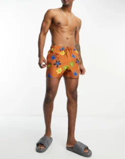 Design Swim Shorts In Short Length In Floral Print In Brown