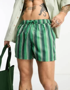 Design Swim Shorts In Short Length In Green Stripe