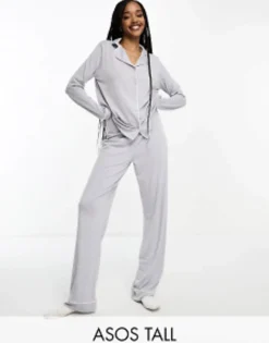 Design Tall Soft Jersey Long Sleeve Shirt & Trouser Pyjama Set With Contrast Piping In
