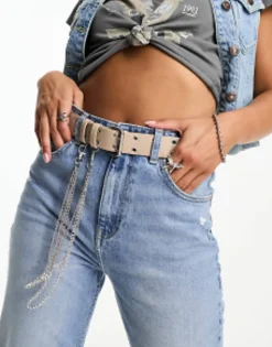 Design Waist And Hip Eyelet Jeans Belt With Chain Detail In