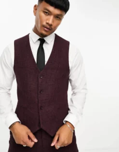 Design Wedding Super Skinny Wool Mix Suit In Burgundy Puppytooth
