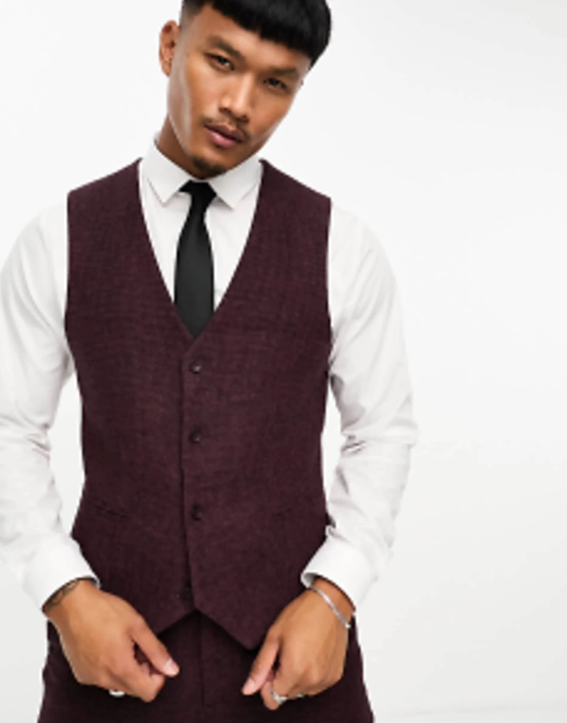 Design Wedding Super Skinny Wool Mix Suit In Burgundy Puppytooth