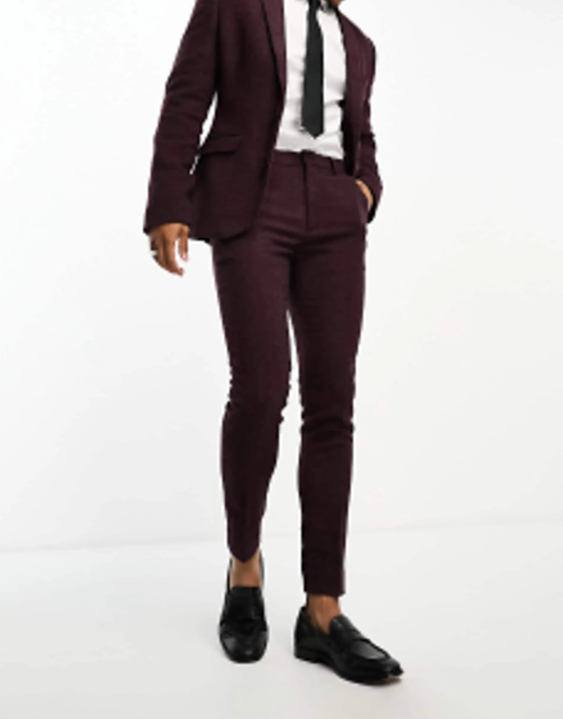 Design Wedding Super Skinny Wool Mix Suit In Burgundy Puppytooth