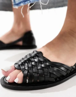 Design Wide Fit Francis Leather Woven Flat Sandals In