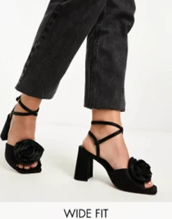Design Wide Fit Heather Corsage Mid Heeled Sandals In Black