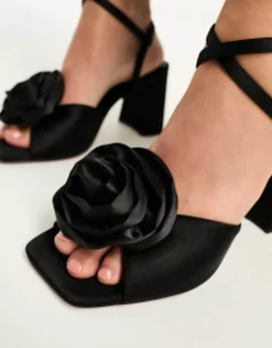 Design Wide Fit Heather Corsage Mid Heeled Sandals In Black