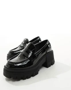 Design Wide Fit Script Chunky Mid Heeled Loafers In