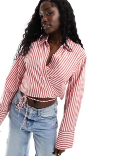 Design Wrap Shirt In Red And White Stripe
