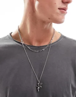 Faded Future Layered Necklace With Cherub Pendant In