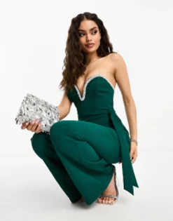 Forever New Petite Embellished Bandeau Jumpsuit In Emerald