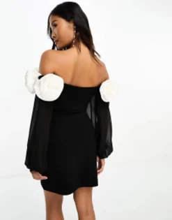 Forever New Petite Rosette Mini Dress With Sheer Sleeves In Monochrome