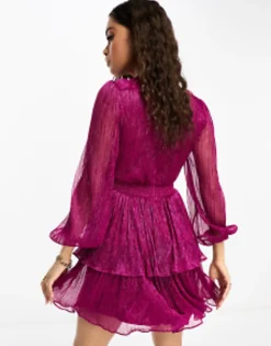 Forever New Petite Tiered Metallic Plisse Mini Dress In