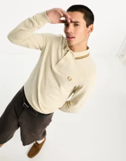 Fred Perry Twin Tipped Long Sleeve Polo Shirt In Oatmeal