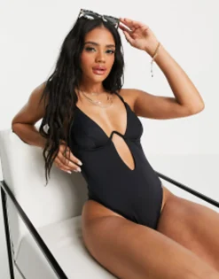 Free Society Monowire Swimsuit With Deep Plunge Cut Out Detail In