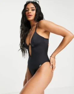 Free Society Monowire Swimsuit With Deep Plunge Cut Out Detail In