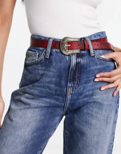 Glamorous Western Buckle Detail Belt In Dark Red