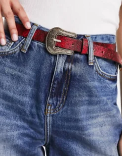 Glamorous Western Buckle Detail Belt In Dark Red