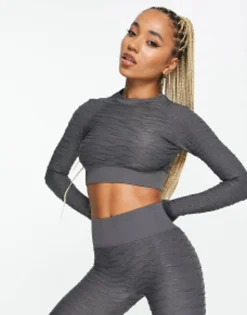 Hiit Wbseamless Textured Long Sleeve Crop Top, Bralet, Booty Short And Legging