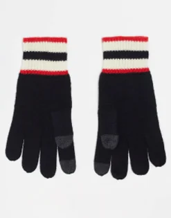 Hunter Logo Knitted Gloves In Black With Stripe