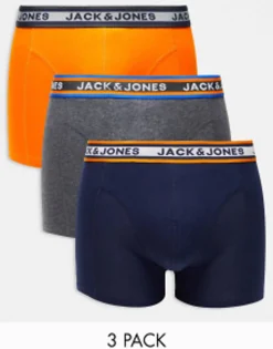Jack & Jones 3 Pack Trunks In Orange/Navy/Grey