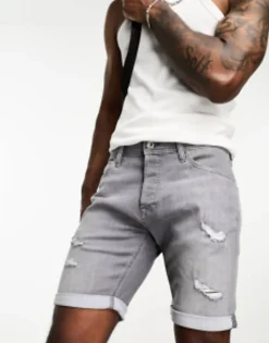 Jack & Jones Intelligence Denim Shorts In Slim Fit With Rips In Grey