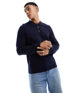 Jack & Jones Premium Knitted Long Sleeve Polo In Navy