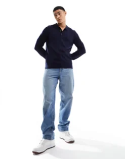 Jack & Jones Premium Knitted Long Sleeve Polo In Navy