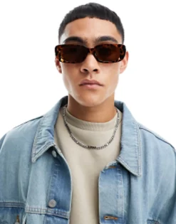 Jack & Jones Retro Rectangle Sunglasses In Leopard Print With Brown Lens
