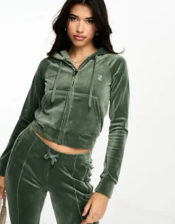 Juicy Couture Velour Straight Leg Joggers And Hoodie Co-Ord In Dark Green
