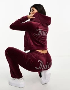Juicy Couture Velour Straight Leg Joggers And Hoodie Co-Ord In Burgundy