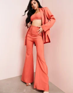 Luxe Co-Ord Suit Jacket And Flared Trousers In Cinnamon