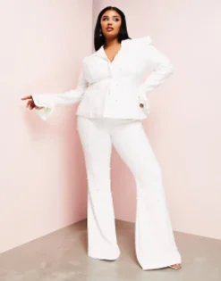 Luxe Curve Wedding Suit Pearl Blazer And Flare Trouser In White