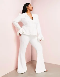 Luxe Curve Wedding Suit Pearl Blazer And Flare Trouser In White
