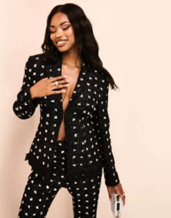 Luxe Embellished Boucle Blazer And Trouser With Faux Feather Hem Black & Si