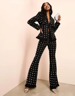Luxe Embellished Boucle Blazer And Trouser With Faux Feather Hem Black & Si