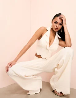 Luxe Scallop Hem Tailored Waistcoat And Wide Leg Trousers In Cream