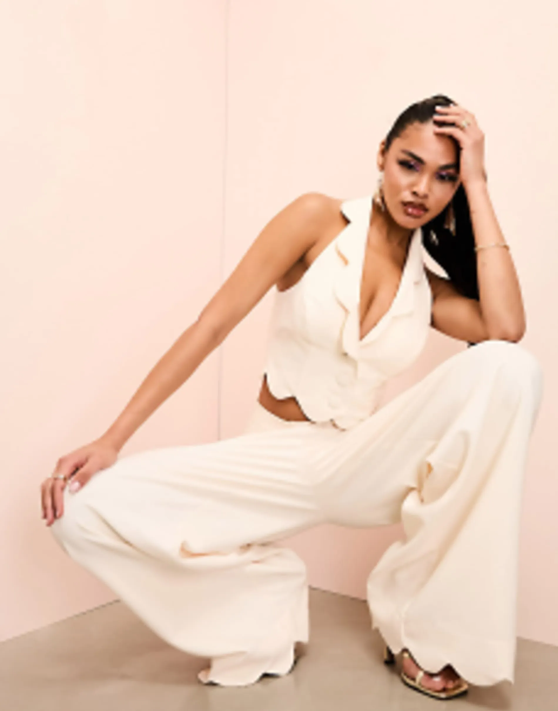 Luxe Scallop Hem Tailored Waistcoat And Wide Leg Trousers In Cream