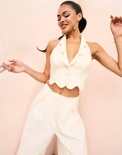 Luxe Scallop Hem Tailored Waistcoat And Wide Leg Trousers In Cream