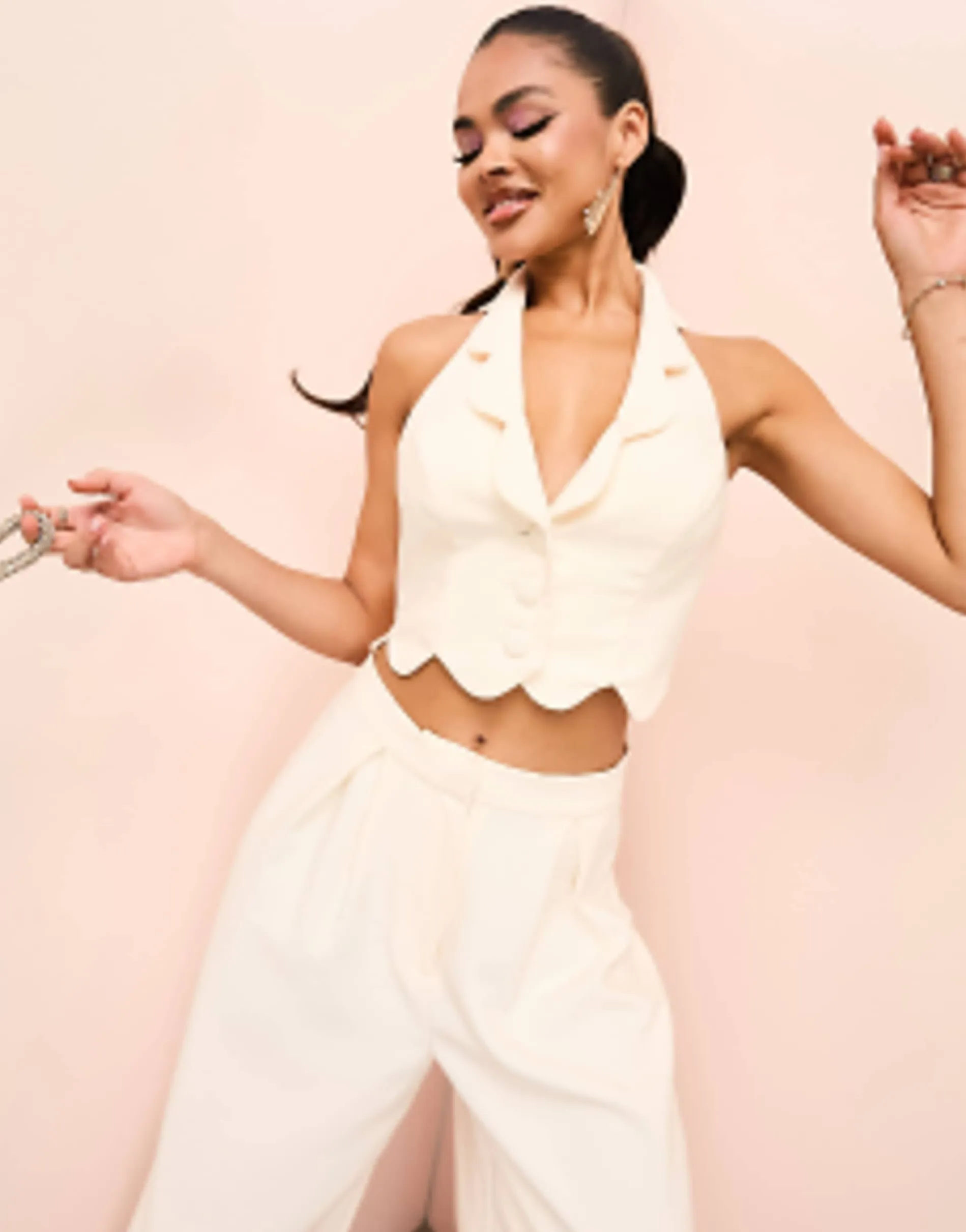 Luxe Scallop Hem Tailored Waistcoat And Wide Leg Trousers In Cream