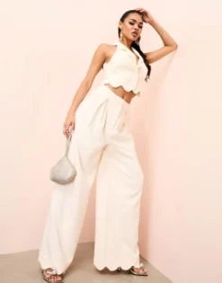 Luxe Scallop Hem Tailored Waistcoat And Wide Leg Trousers In Cream