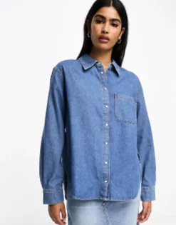 Mango Denim Collared Long Sleeve Shirt In