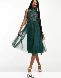 Maya Tall Bridesmaid High Neck Delicate Sequin Midi Dress In Emerald