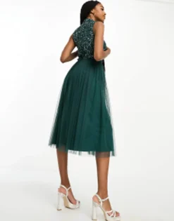 Maya Tall Bridesmaid High Neck Delicate Sequin Midi Dress In Emerald