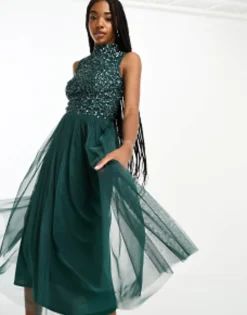 Maya Tall Bridesmaid High Neck Delicate Sequin Midi Dress In Emerald