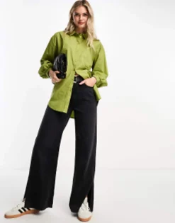 Miss Selfridge Oversized Poplin Shirt In Green