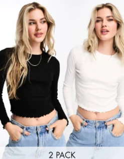 Miss Selfridge Two Pack Rib Crew Neck Top With Long Sleeve In