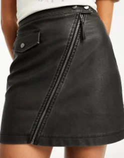 Miss Selfridge Washed Faux Leather Asym Zip Detail Mini Skirt In