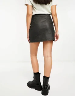 Miss Selfridge Washed Faux Leather Asym Zip Detail Mini Skirt In